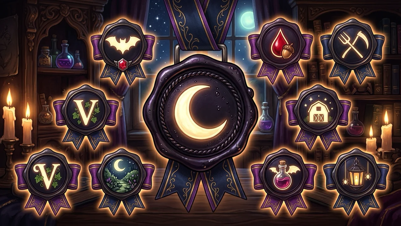 A cozy-gothic achievement badge — a crescent-moon crest on a wax seal — representing Moonlight Peaks' milestone rewards.