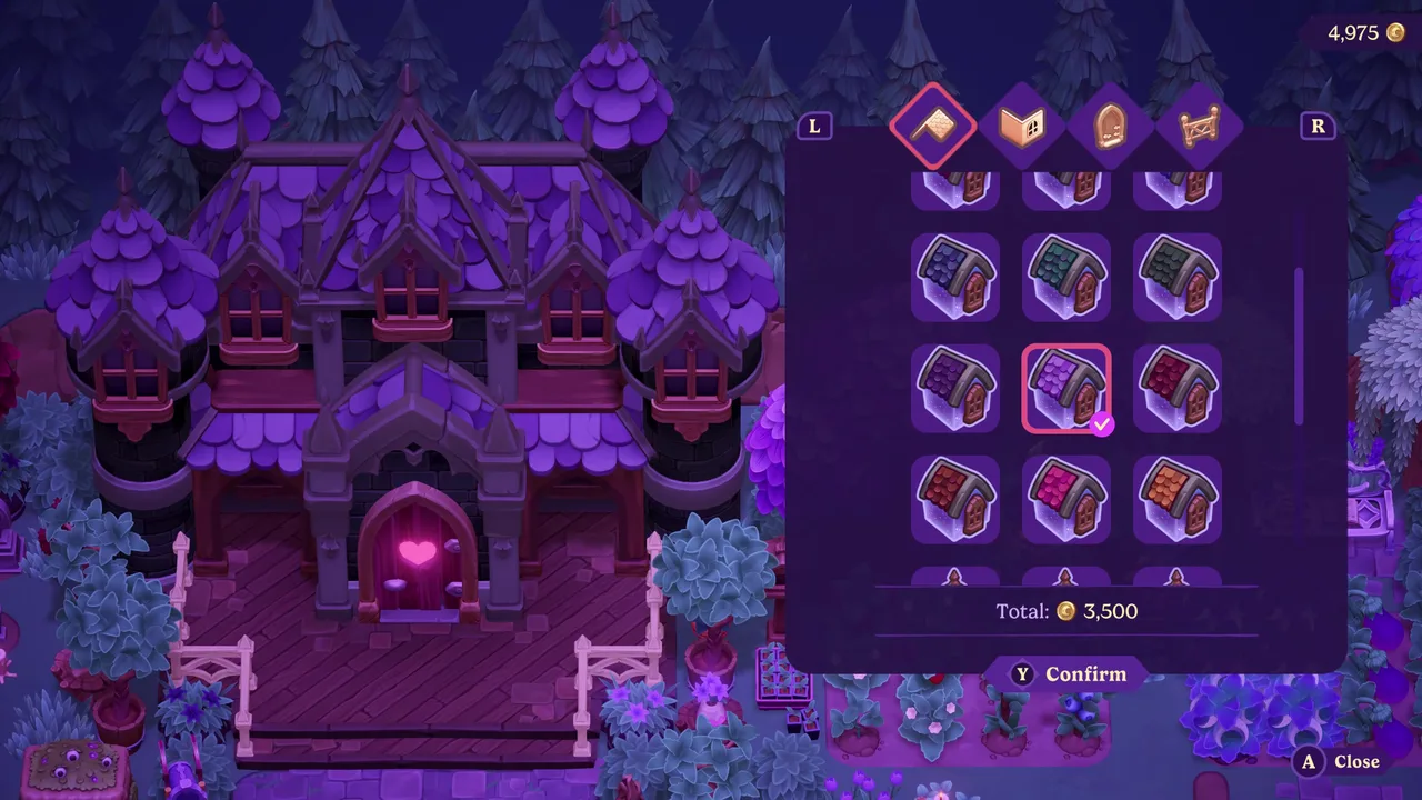 A player customising their gothic cottage's roof in Moonlight Peaks, choosing from a grid of coloured roof tiles.