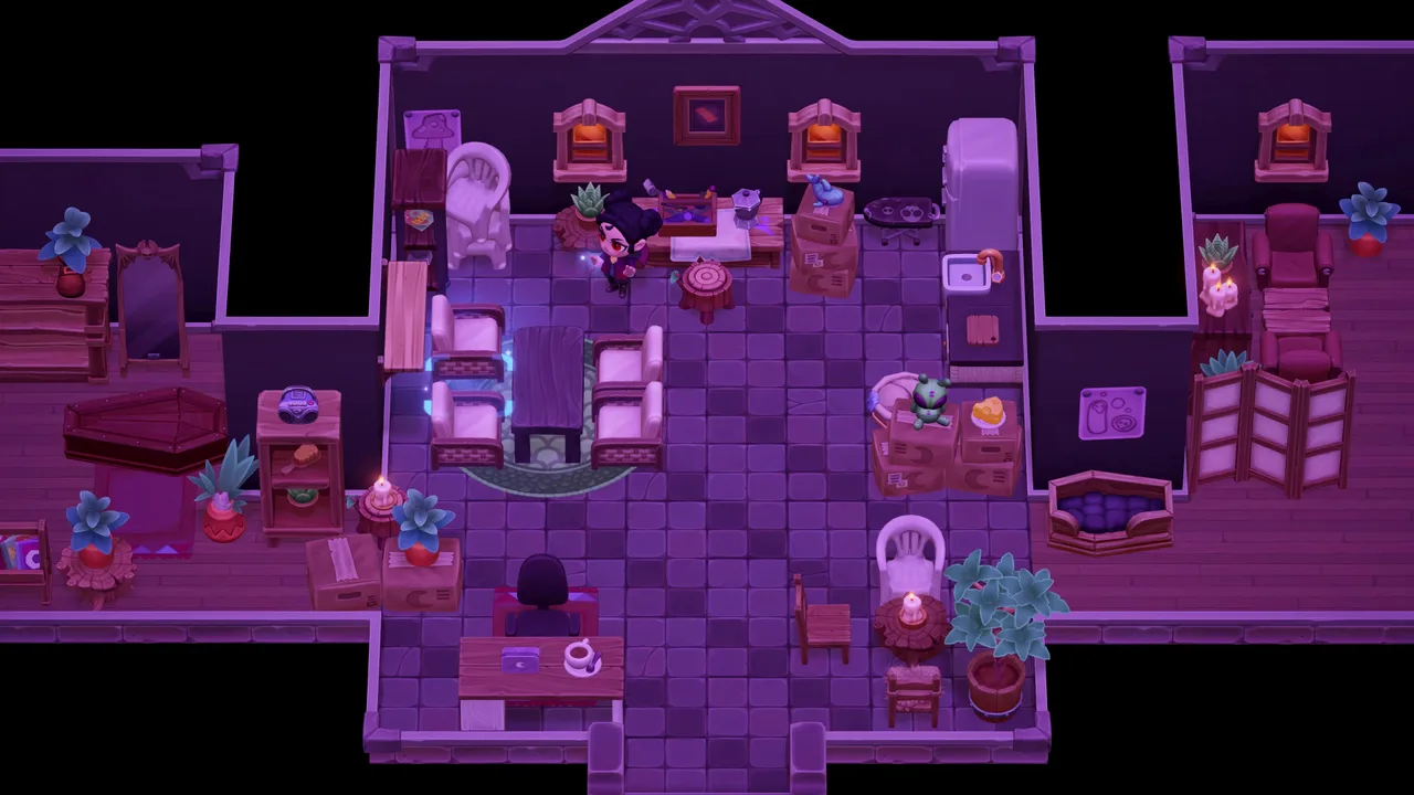 A furnished multi-room cottage interior in Moonlight Peaks, in the cozy-gothic style built by the studio's environment artists.