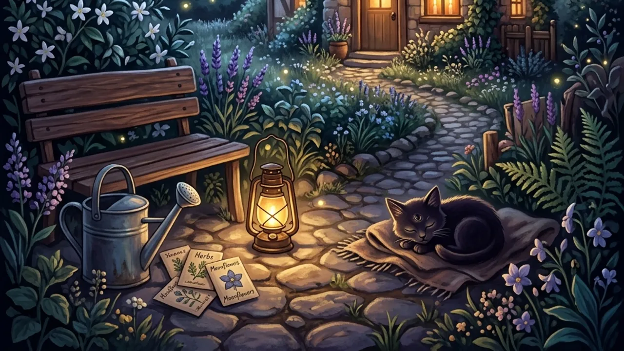 A moonlit cottage garden with a watering can, seed packets and a lantern on the first night.