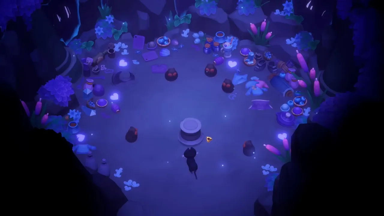 A dark, glittering underground cavern in Moonlight Peaks, a still pool reflecting purple light with a vampire exploring by lantern.