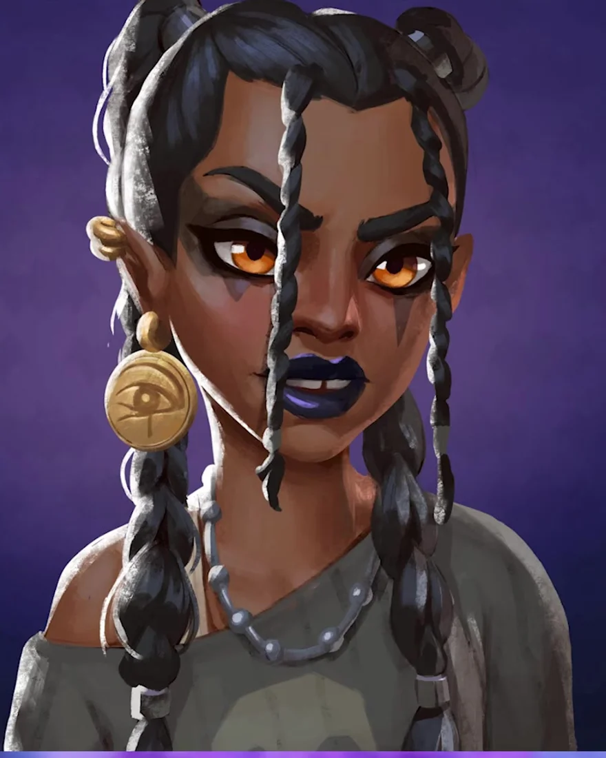 Official Moonlight Peaks portrait of Alina, a seer with braided black hair in buns, amber eyes, dark lips and a golden third-eye coin earring.