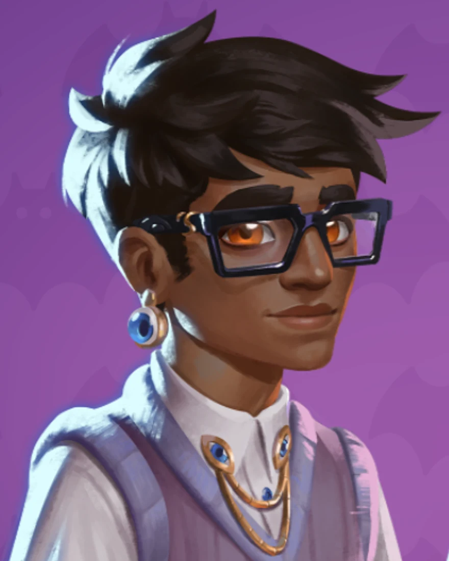 Official Moonlight Peaks portrait of Aras, a seer with dark hair, chunky black glasses, a gauged ear piercing and a lilac waistcoat over a white shirt with gold chains.
