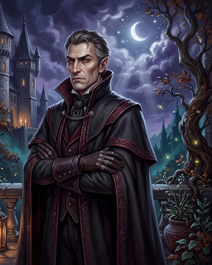 A regal, imposing old vampire in a high-collared cloak against a stormy castle backdrop, cozy-gothic style.