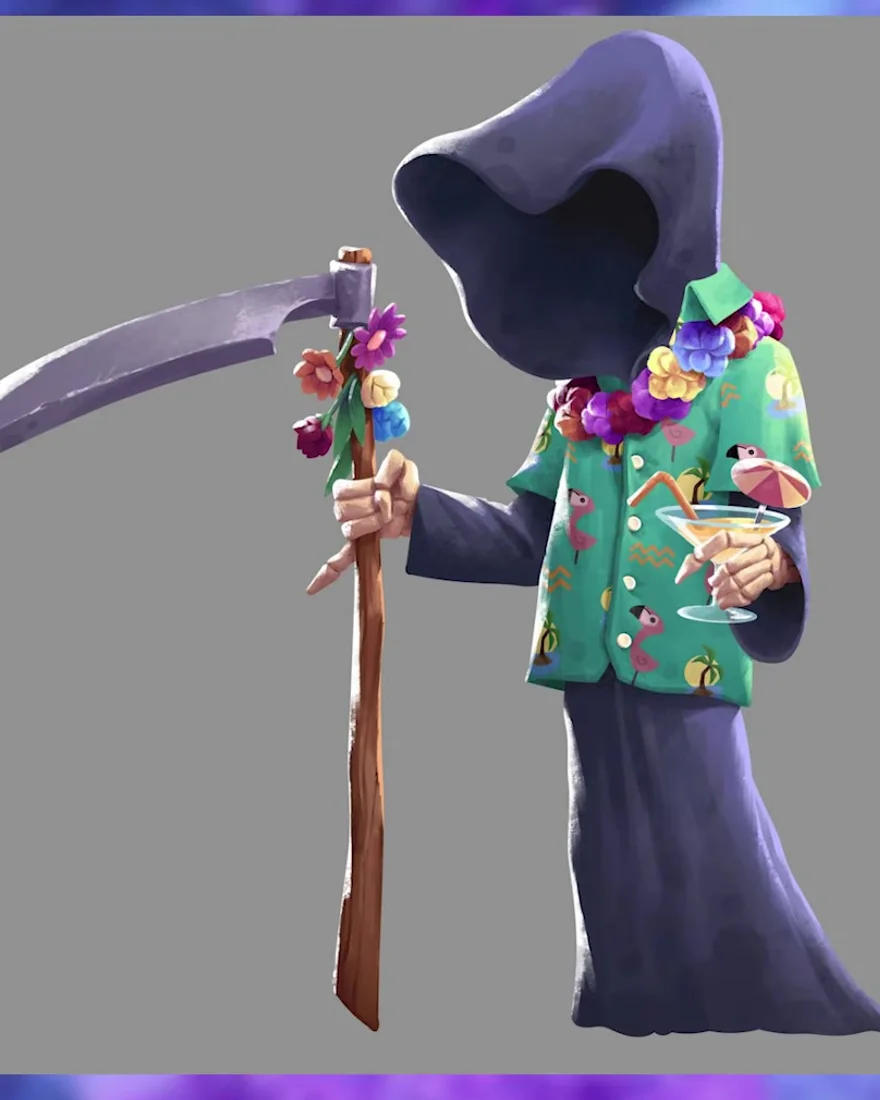 Official Moonlight Peaks portrait of Death — a hooded figure in a green flamingo Hawaiian shirt and a flower lei, holding a scythe and a cocktail.