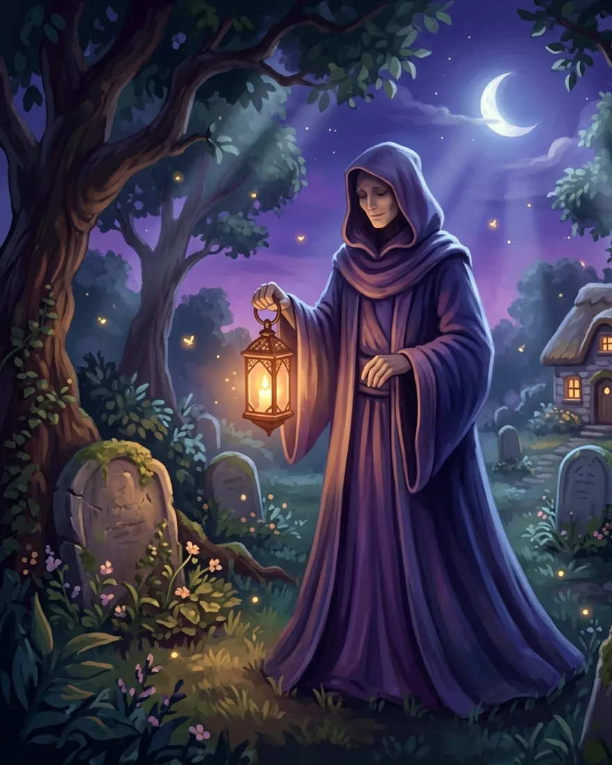 A gentle, friendly personification of Death as a hooded figure holding a soft glowing lantern in a moonlit garden.