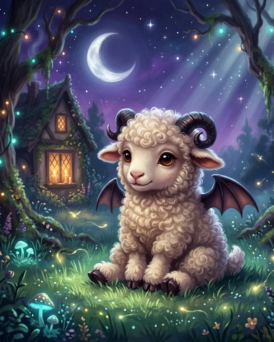 An adorable fluffy fantasy lamb-creature with tiny bat wings and little curled horns in glowing moonlit grass.