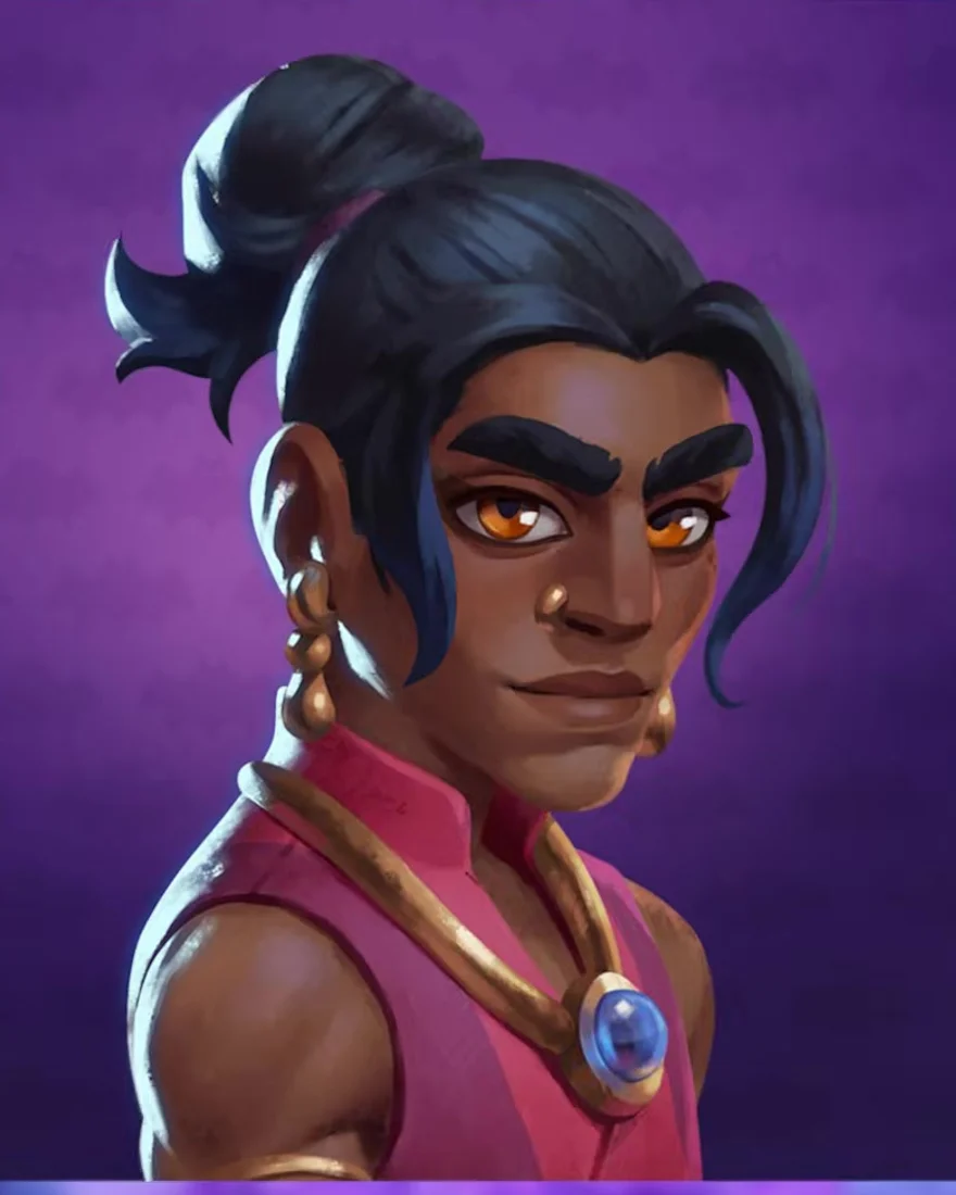 Official Moonlight Peaks portrait of Dragan, a seer with black hair in a high ponytail, amber eyes and gold earrings, in a pink top with a blue-gem pendant.