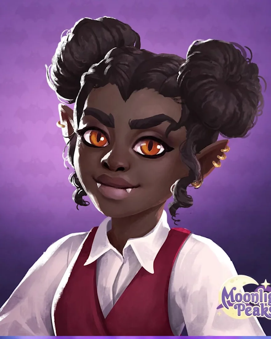 Official Moonlight Peaks character portrait of Elvira, a vampire with dark hair in two buns, amber eyes and fangs, wearing a red waistcoat over a white shirt.