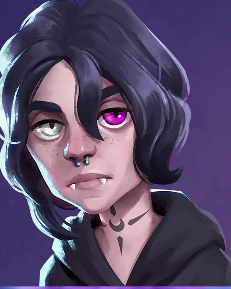 Official Moonlight Peaks character portrait of Evan, an aloof young vampire with dark tousled hair, one violet eye and one pale eye, freckles and a septum ring, in a black hoodie.