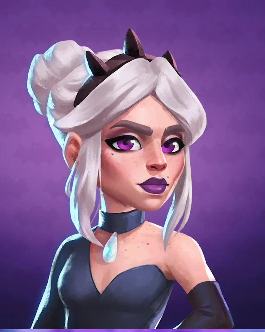 Official Moonlight Peaks portrait of Fiona, a witch with a silver up-do and small dark horns, purple eyes and lips, in a black off-shoulder dress with a teardrop-gem choker.