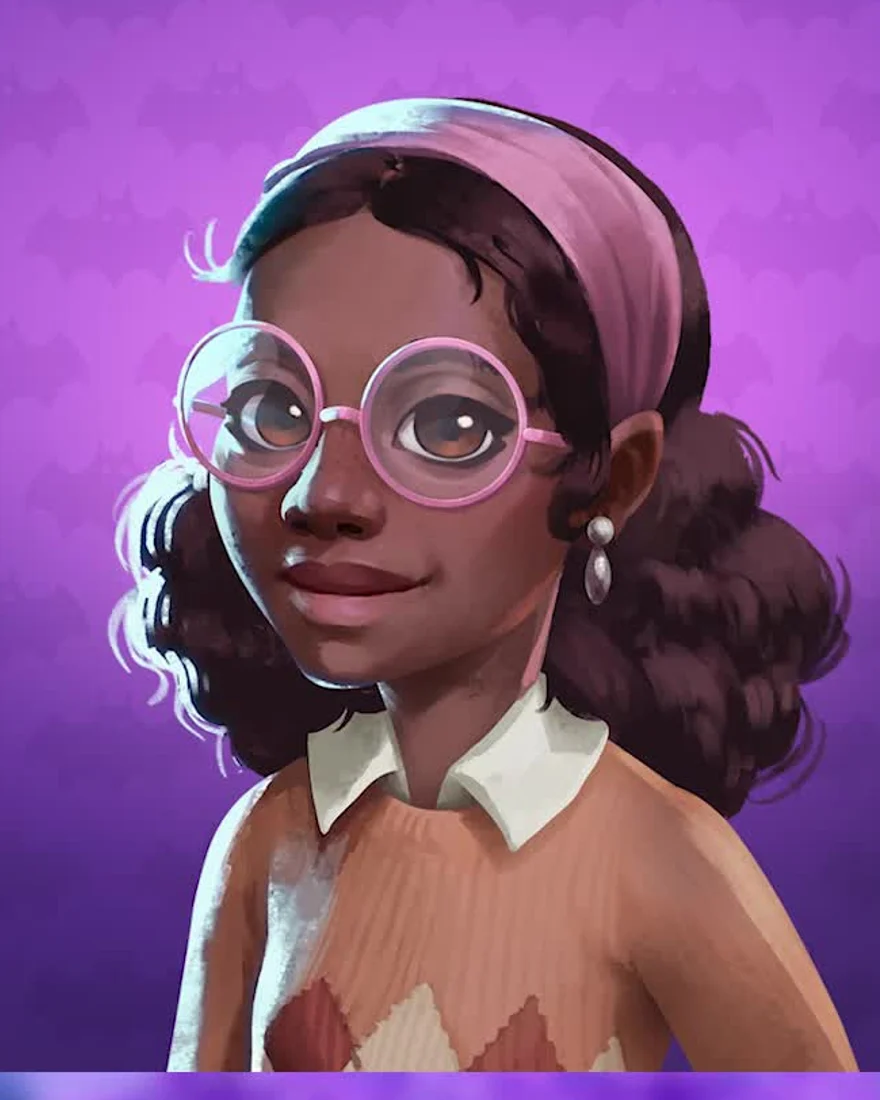 Official Moonlight Peaks portrait of Jada, a young woman with a pink headband, round glasses, freckles, dark curly hair and a cream sweater, on a purple heart background.