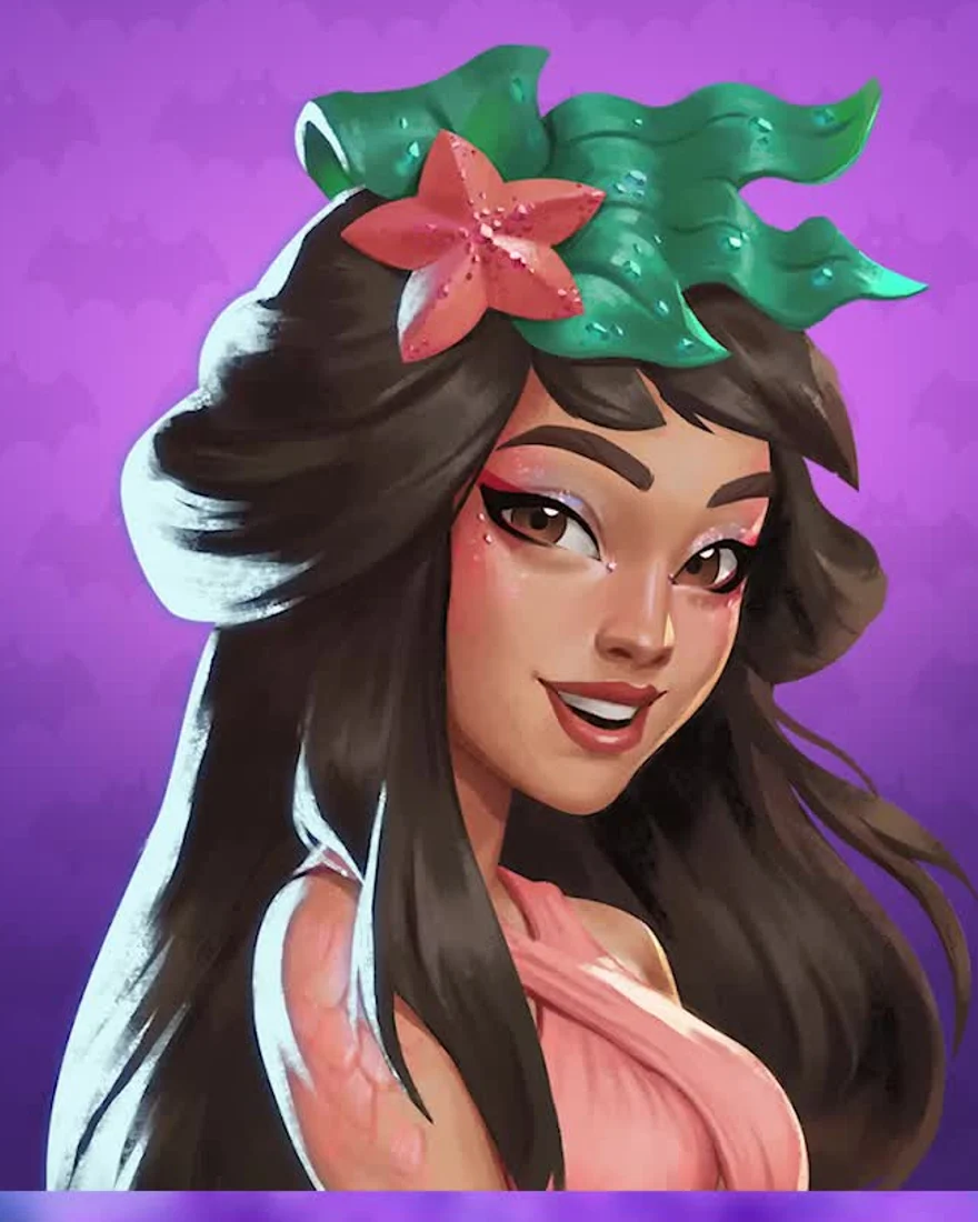 Official Moonlight Peaks portrait of Kim, a mermaid with long dark hair, a green seaweed-and-red-flower hair piece and a coral top, on a purple heart background.