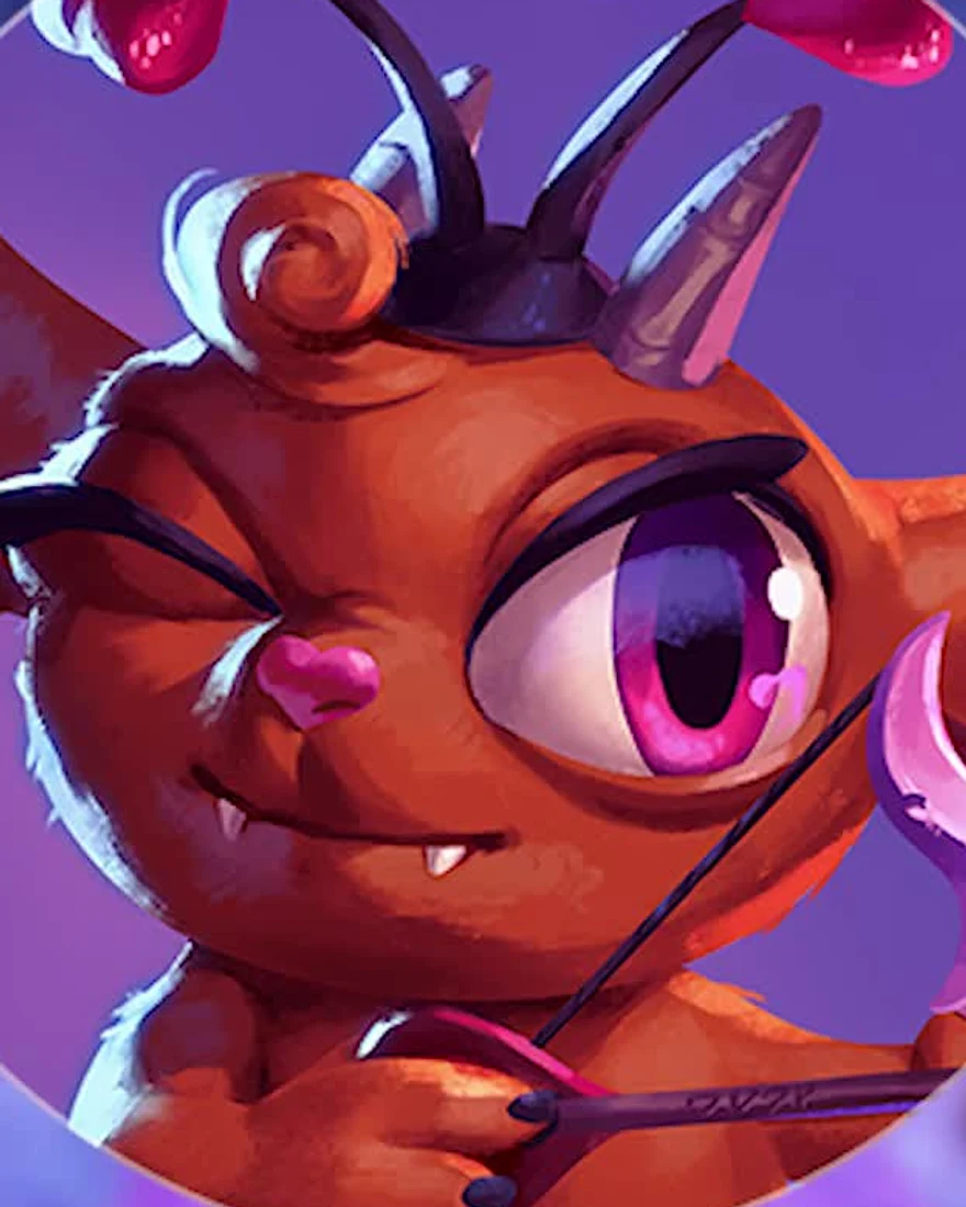 Official Moonlight Peaks portrait of Llemi, a small red love demon with heart-tipped antennae, one big pink eye winking, tiny horns and a bow, on a purple heart background.