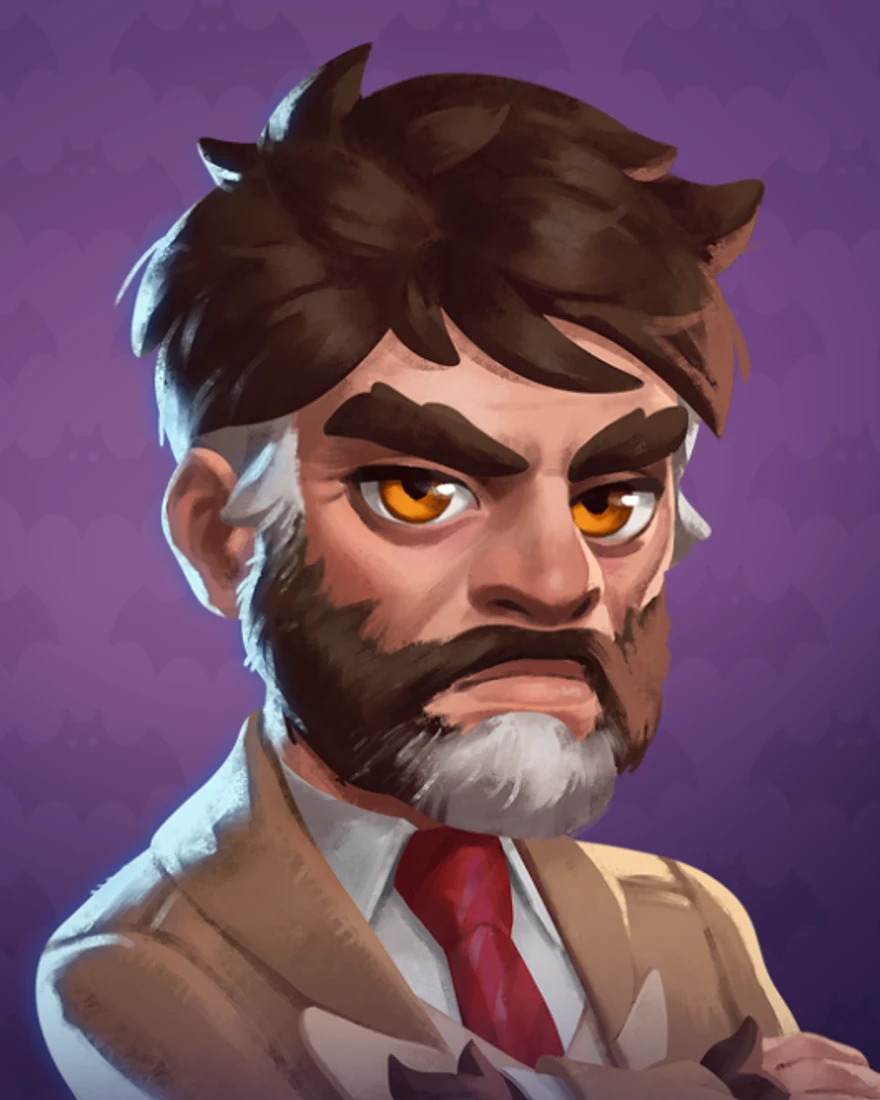 Official Moonlight Peaks portrait of Brook Logan, a bearded werewolf mayor with amber eyes and swept-back brown hair, in a tan suit and red tie with arms crossed.