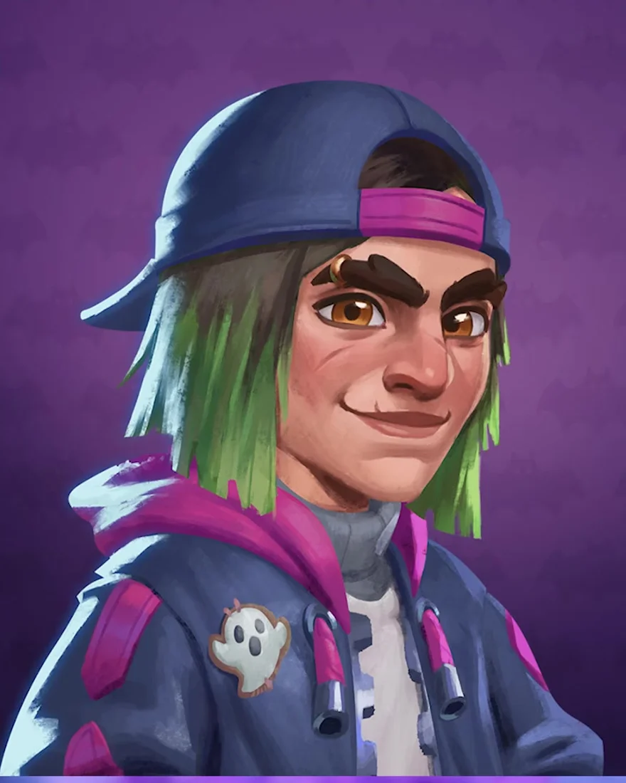 Official Moonlight Peaks character portrait of Ludo, a mischievous young werewolf with green hair under a backwards cap and a ghost-pin hoodie.