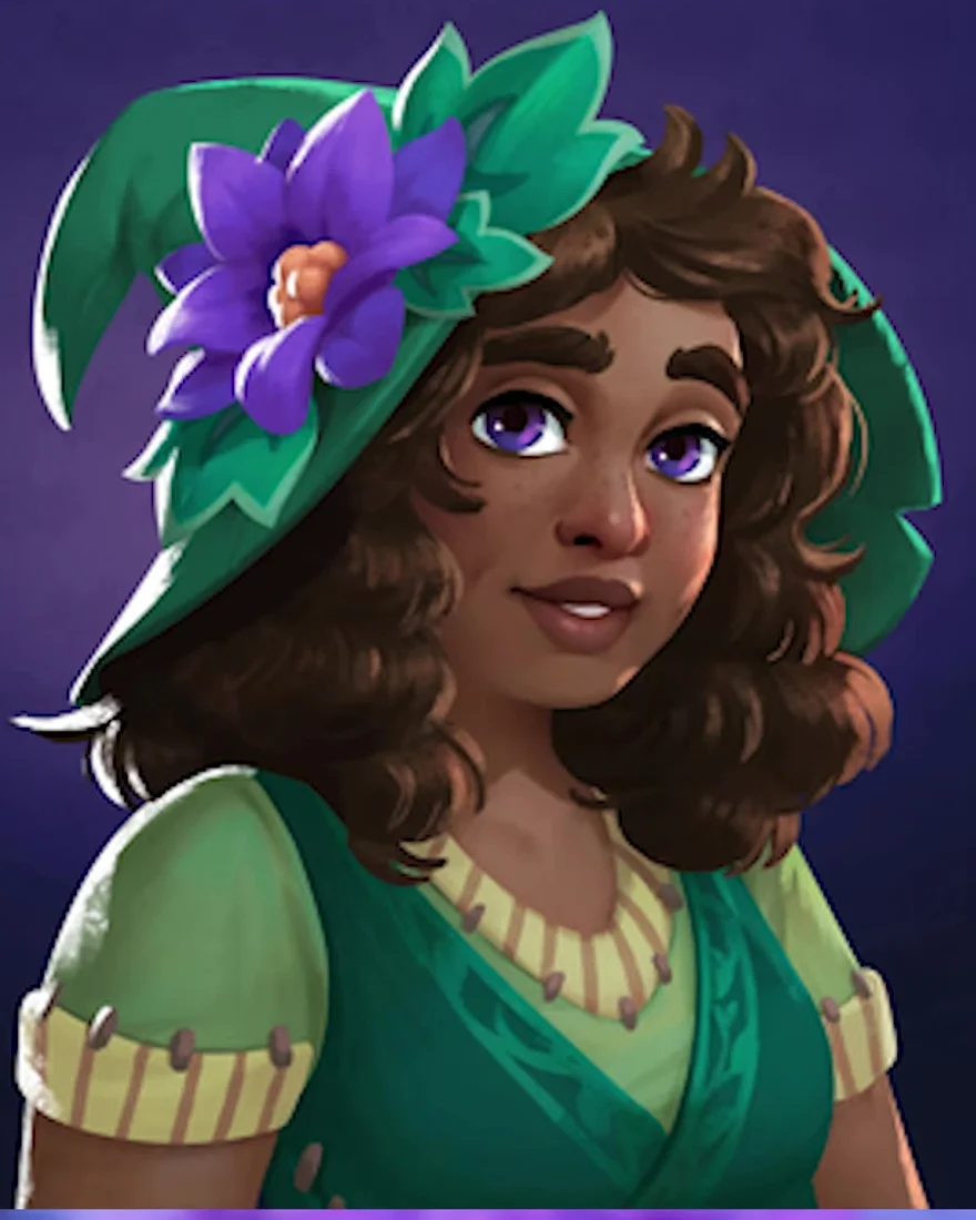 Official Moonlight Peaks portrait of Luna, curly brown hair under a green wide-brimmed hat topped with a purple flower, in a green dress.