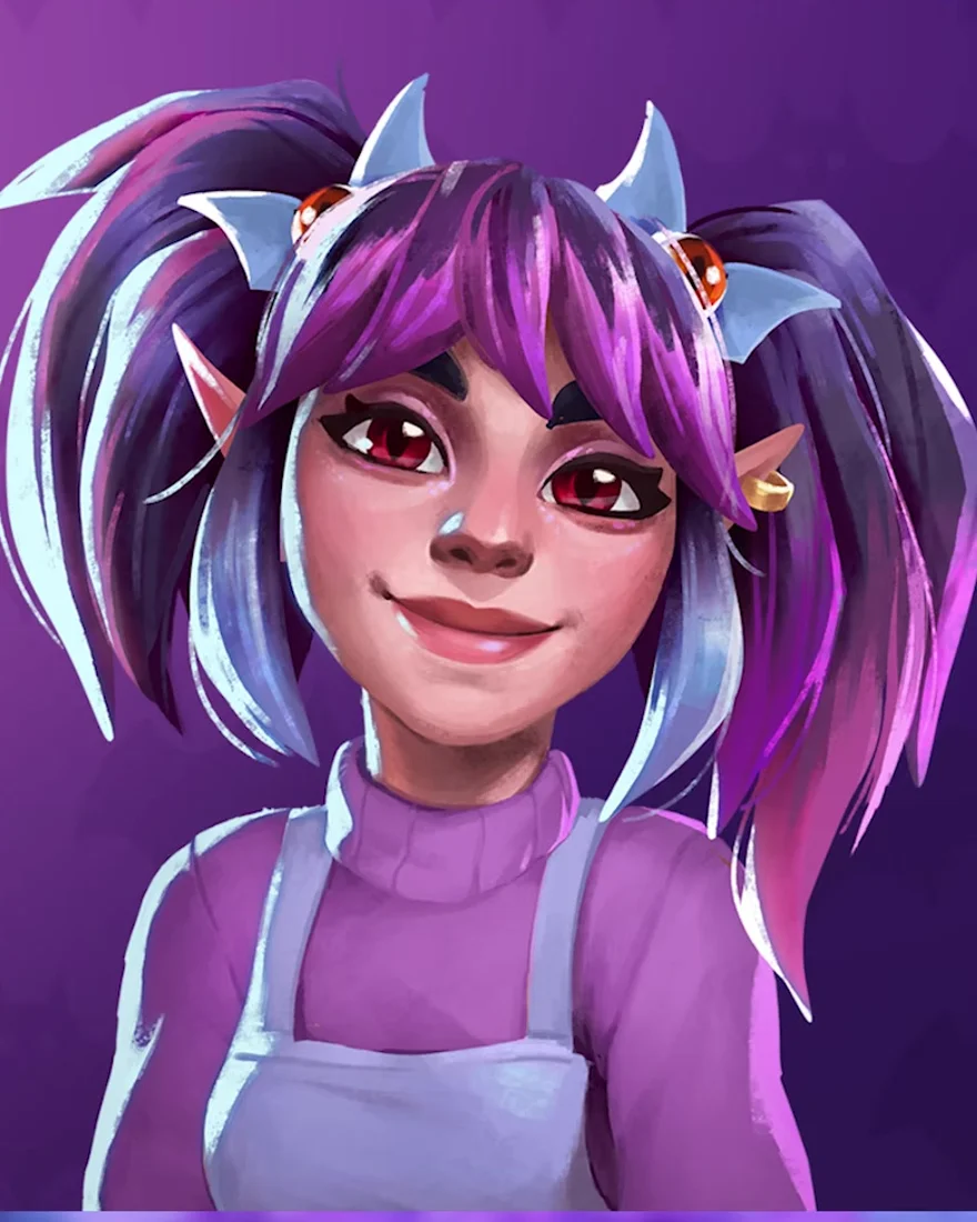 Official Moonlight Peaks character portrait of Mina, a cheerful young vampire with purple-and-blue twin-tails, small horns, red eyes and fangs, wearing a baker's apron.