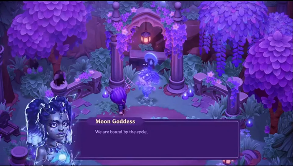 The Moon Goddess speaks from her astral projection during The Moon's Gaze heart event in Moonlight Peaks.
