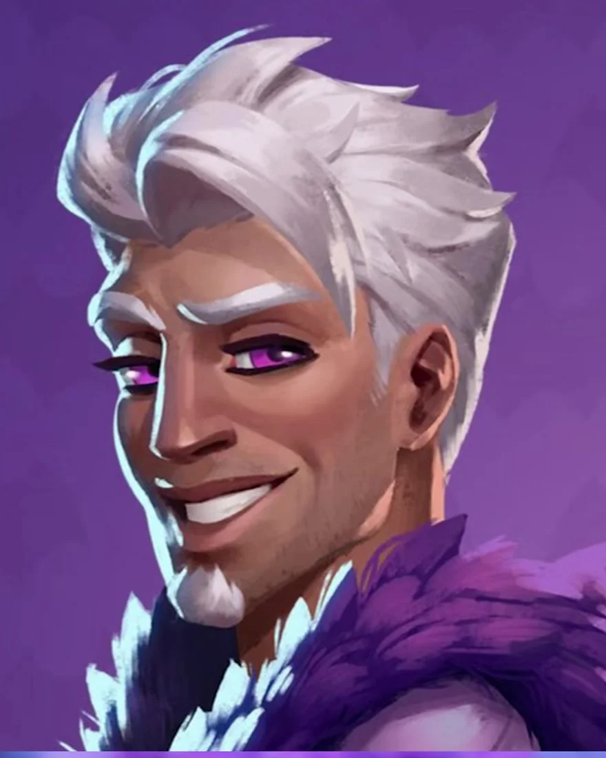 Official Moonlight Peaks character portrait of Noel, a confident warlock with swept-back silver hair, magenta eyes and a purple fur collar.