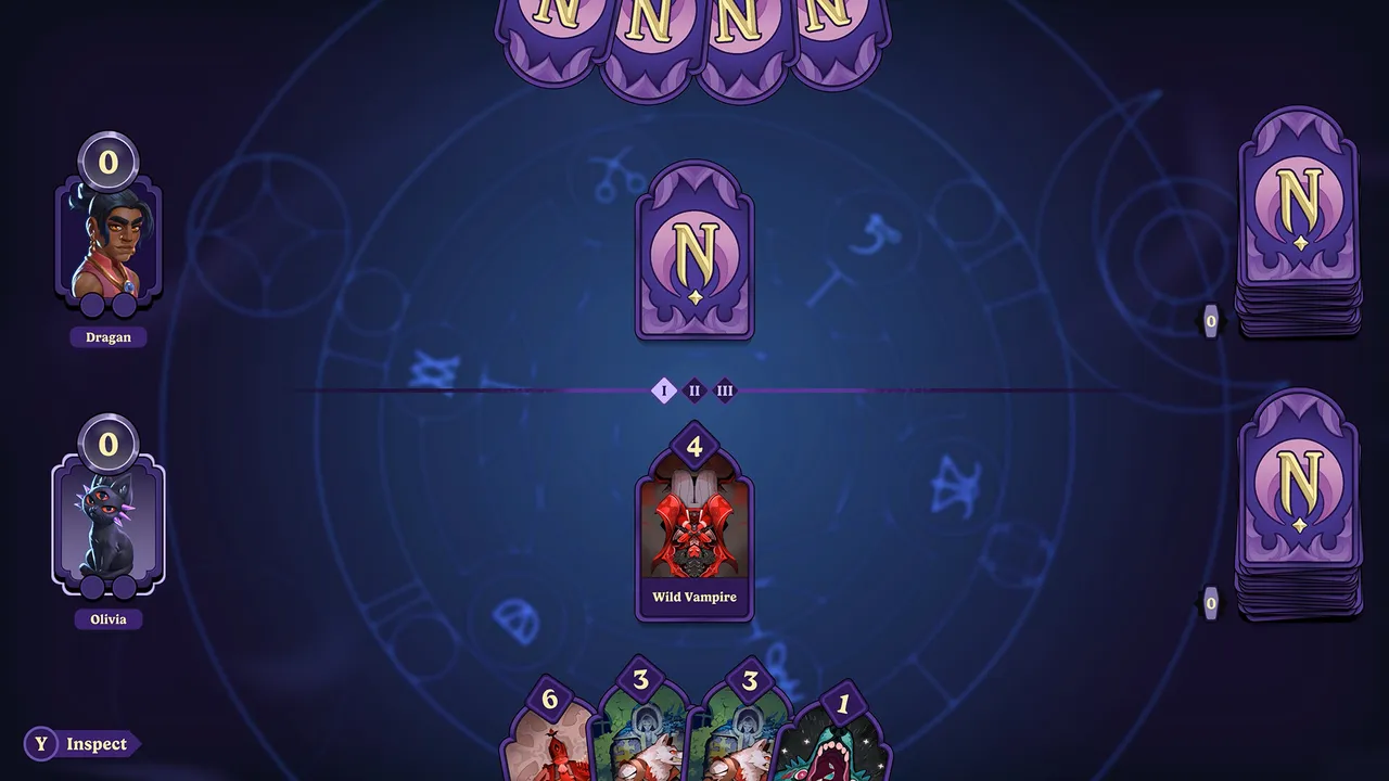 A Nokturna match in progress — the card duels where you'll face opponents like Dragan and Olivia.