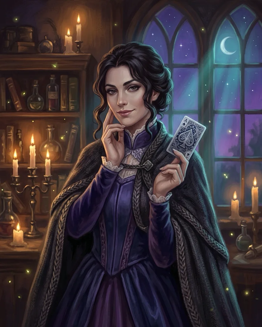 An elegant poised character holding a single ornate playing card in a candlelit parlour, cozy-gothic style.