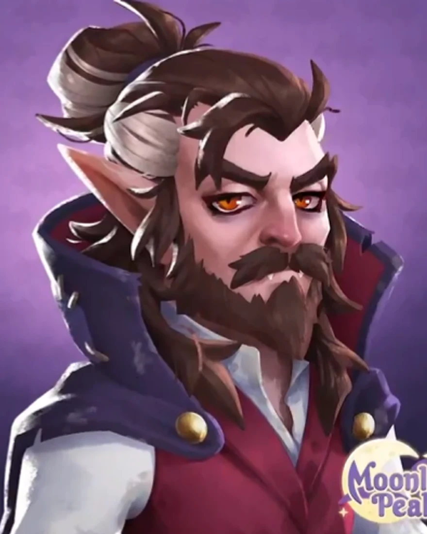 Official Moonlight Peaks portrait of Orlock, a bearded vampire with a brown-and-grey hair bun, pointed ears, amber eyes and a dark-red waistcoat.