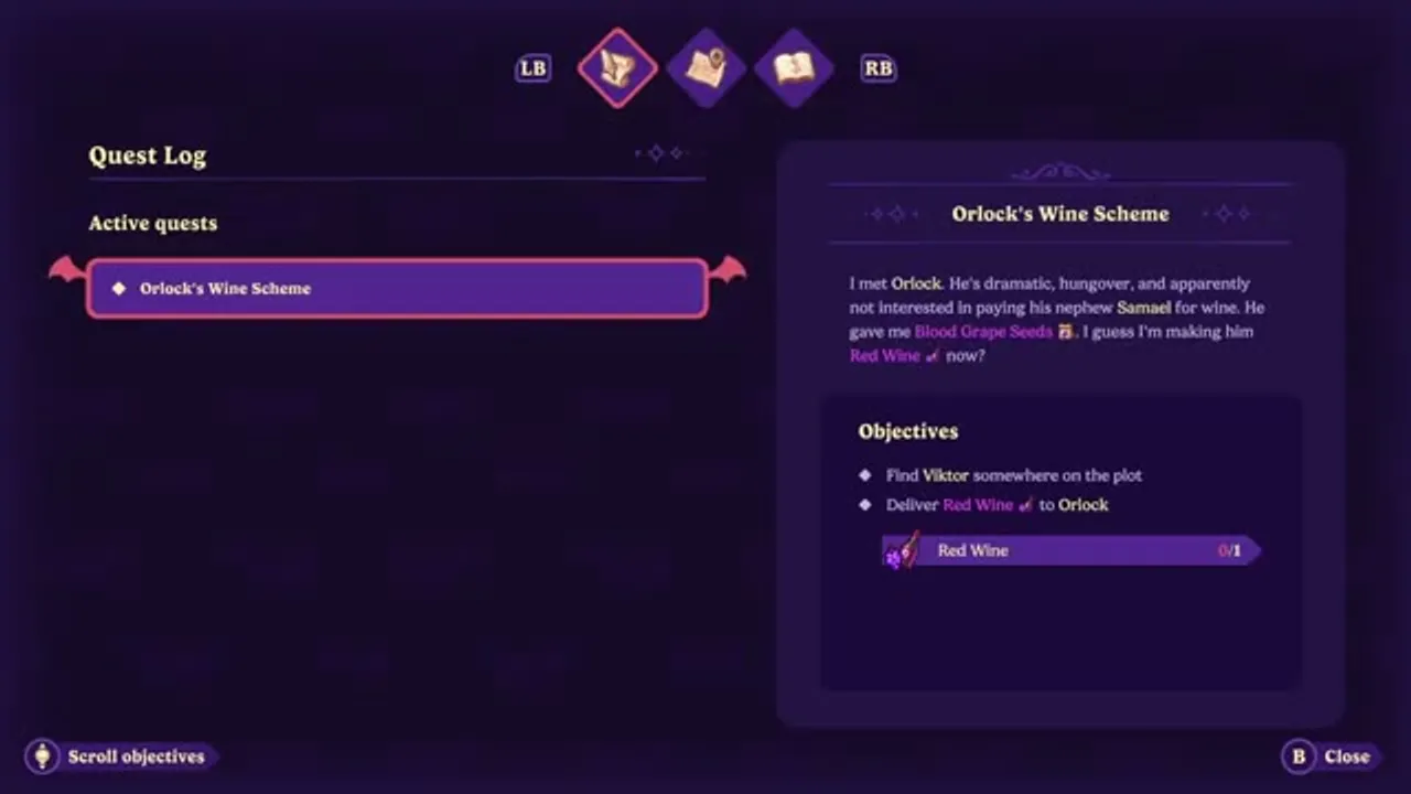 Orlock's Wine Scheme in the quest log — find Viktor, then deliver Red Wine to Orlock.