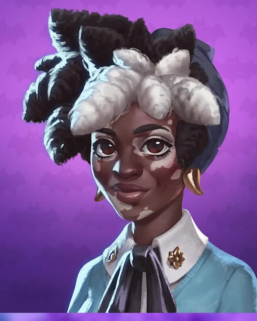 Official Moonlight Peaks portrait of Persephone, a woman with a tall silver-and-black updo, dark skin and a teal collared top with a ribbon, on a purple heart background.