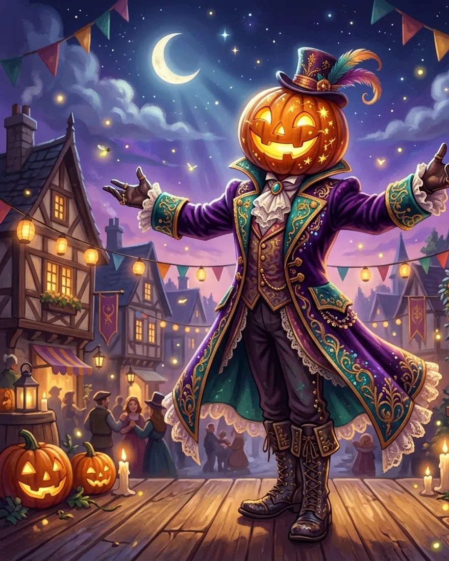 A theatrical figure with a glowing carved-pumpkin head and a flamboyant cloak presenting on a festive moonlit stage, cozy-gothic style.