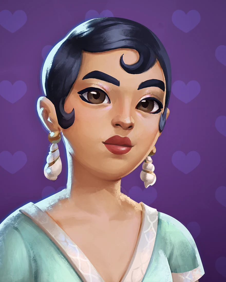 Official Moonlight Peaks portrait of Rei, a mermaid with dark hair, a single forehead curl, shell drop earrings and a seafoam-green top, on a purple heart background.