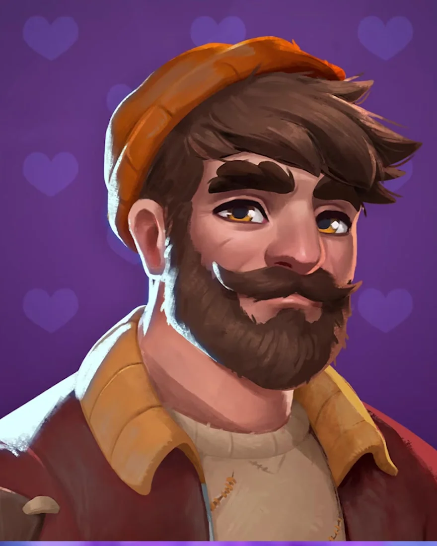 Official Moonlight Peaks character portrait of Ridge, a rugged werewolf carpenter with an orange knit beanie, brown beard and a flannel-collared jacket.