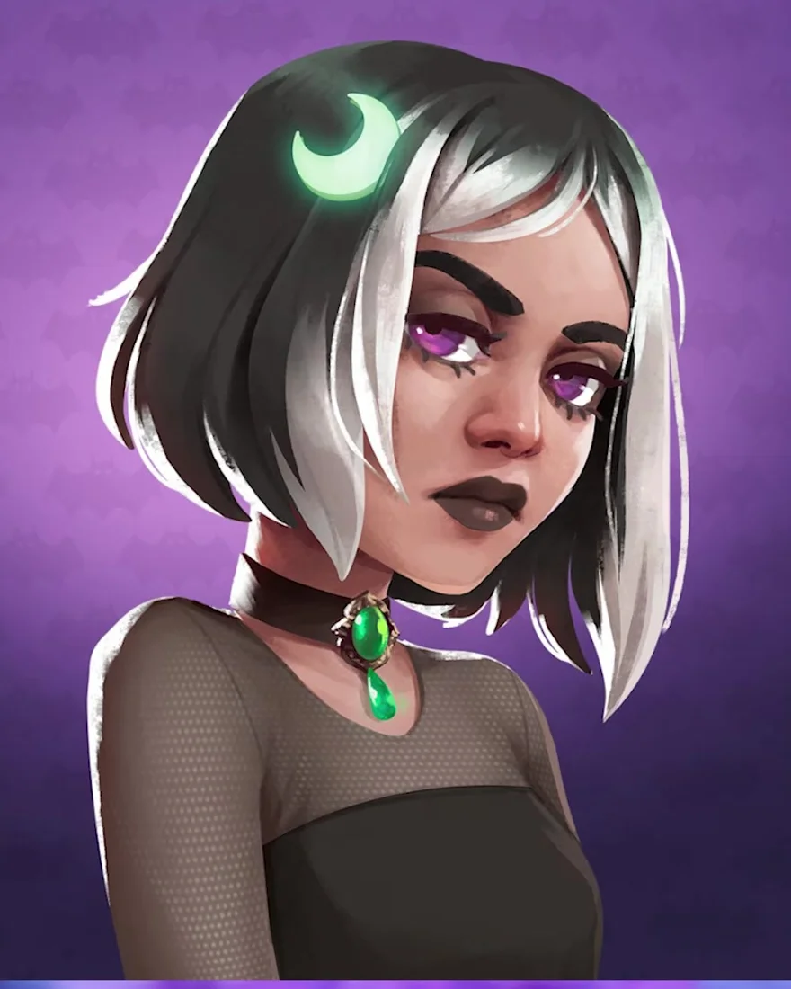 Official Moonlight Peaks portrait of Sabrina, a witch with a black-and-white bob, a glowing green crescent hairpin, purple eyes and a green teardrop-gem choker.