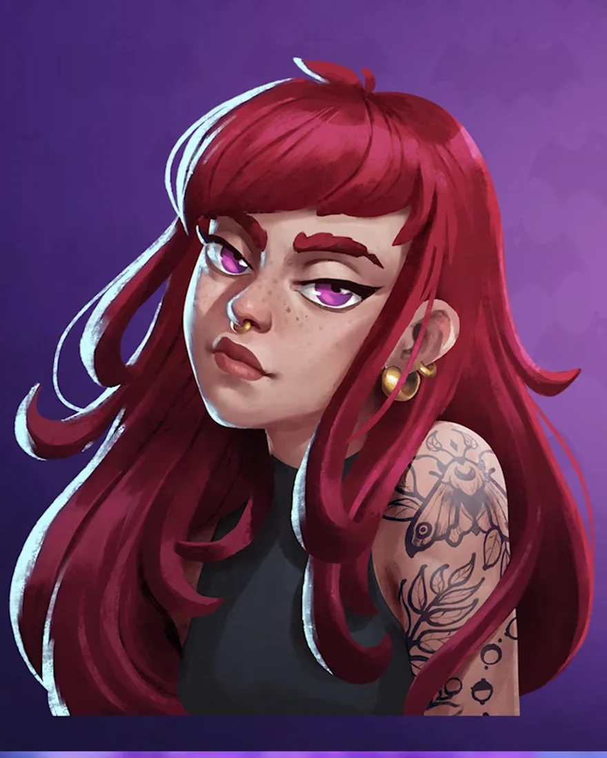 Official Moonlight Peaks portrait of Saga, a werewolf with long crimson hair, violet eyes, a septum ring and a moth arm tattoo.
