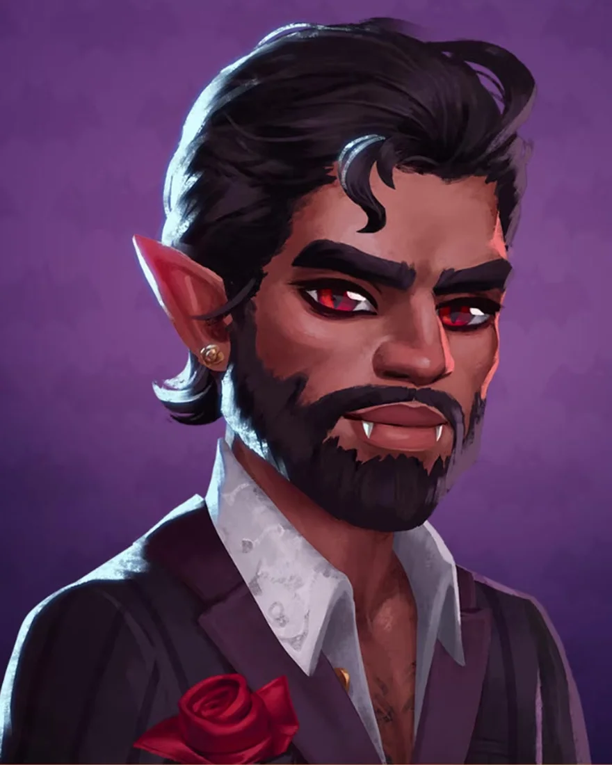Official Moonlight Peaks portrait of Samael, a vampire with black swept-back hair, red eyes, pointed ears and a black beard, in a pinstripe suit with a red rose.