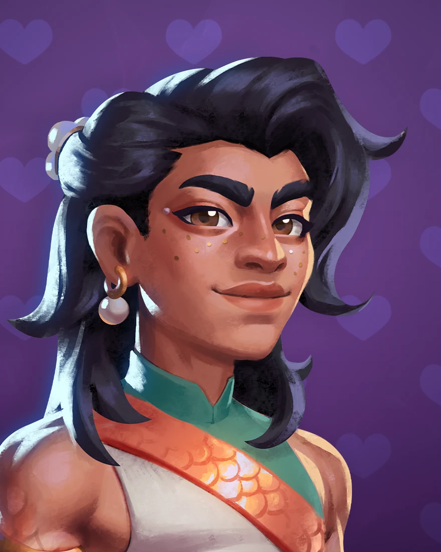 Official Moonlight Peaks portrait of Tae, a merman with swept-back dark hair in a partial bun, a pearl earring and an orange fish-scale sash, on a purple heart background.
