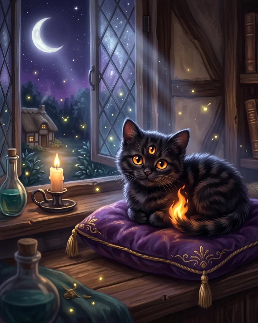 A cute mischievous black kitten with three glowing amber eyes and a flame-tipped tail on a velvet cushion.