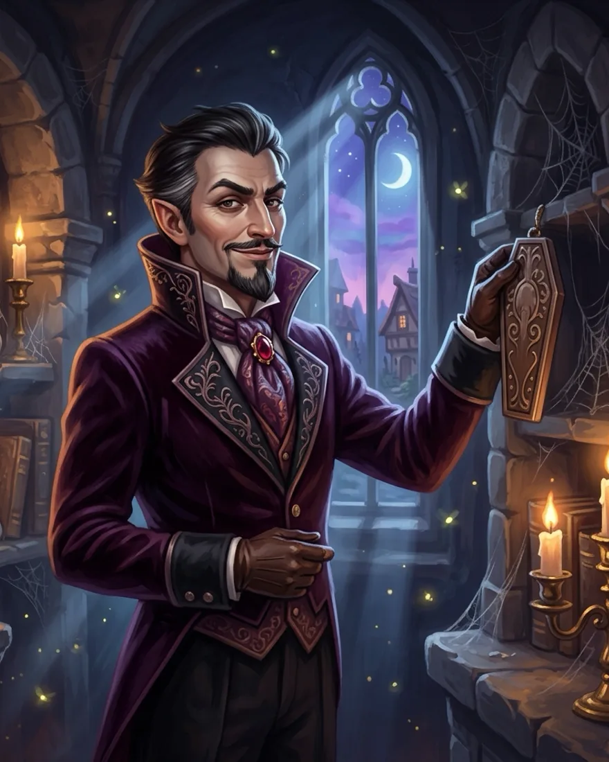 A wry, dapper vampire gentleman in a high-collared coat decorating a candlelit crypt, cozy-gothic style.