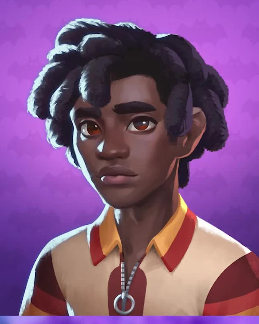 Official Moonlight Peaks portrait of Winston, a young man with dark curly hair, warm brown eyes and a cream shirt with red-and-yellow striped collar, on a purple heart background.