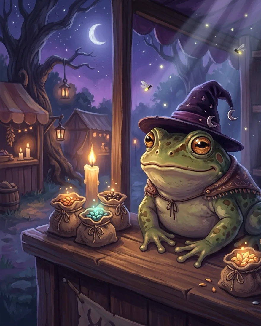A plump wise magical toad in a tiny wizard hat beside pouches of glowing seeds, cozy-gothic style.