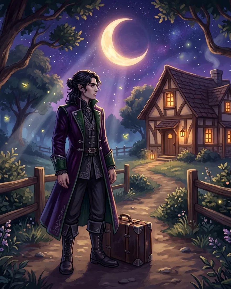 An elegant young vampire newcomer in cozy-gothic attire on a moonlit farm path with a small travel trunk.