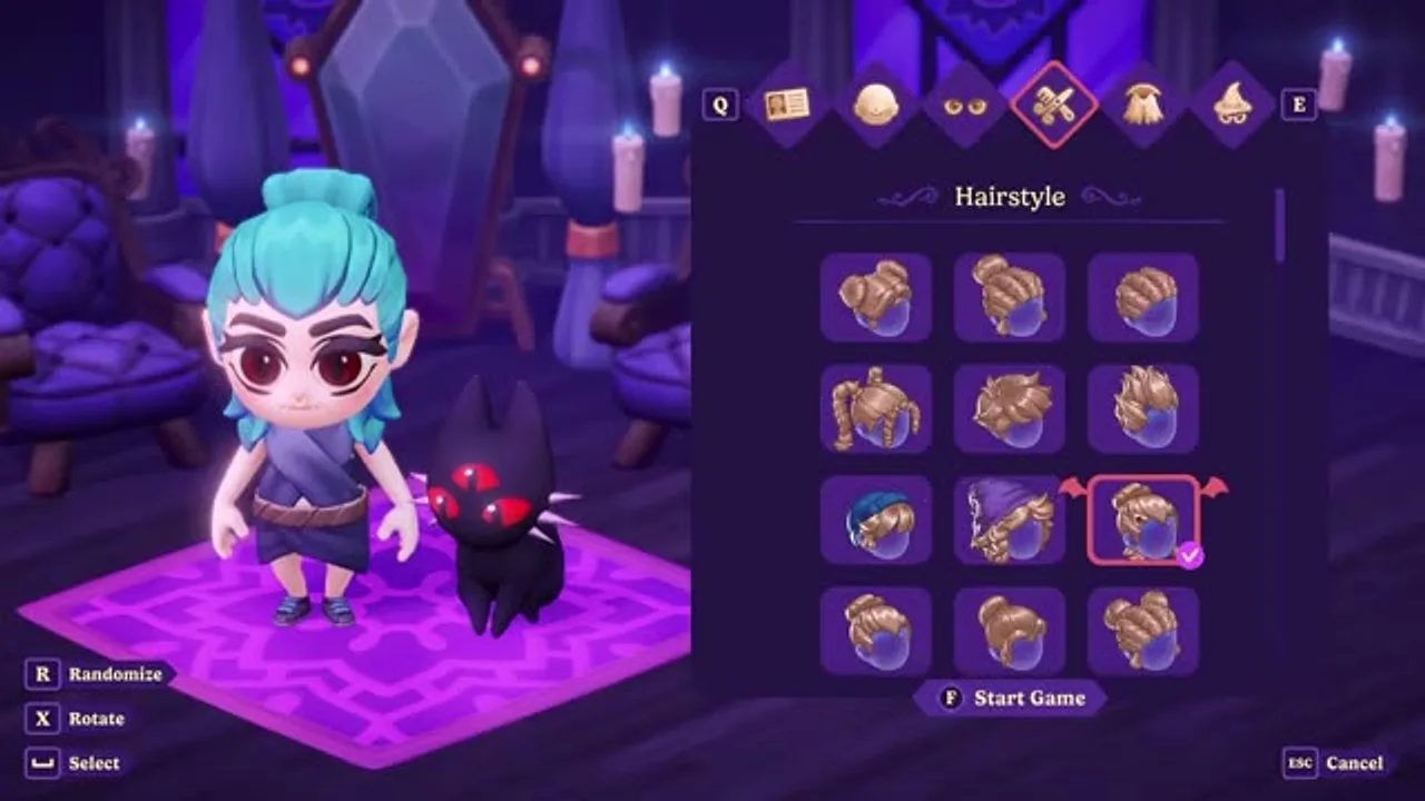 The hairstyle selection grid in the character creator, with the chibi vampire and Hellkitten on the preview platform.