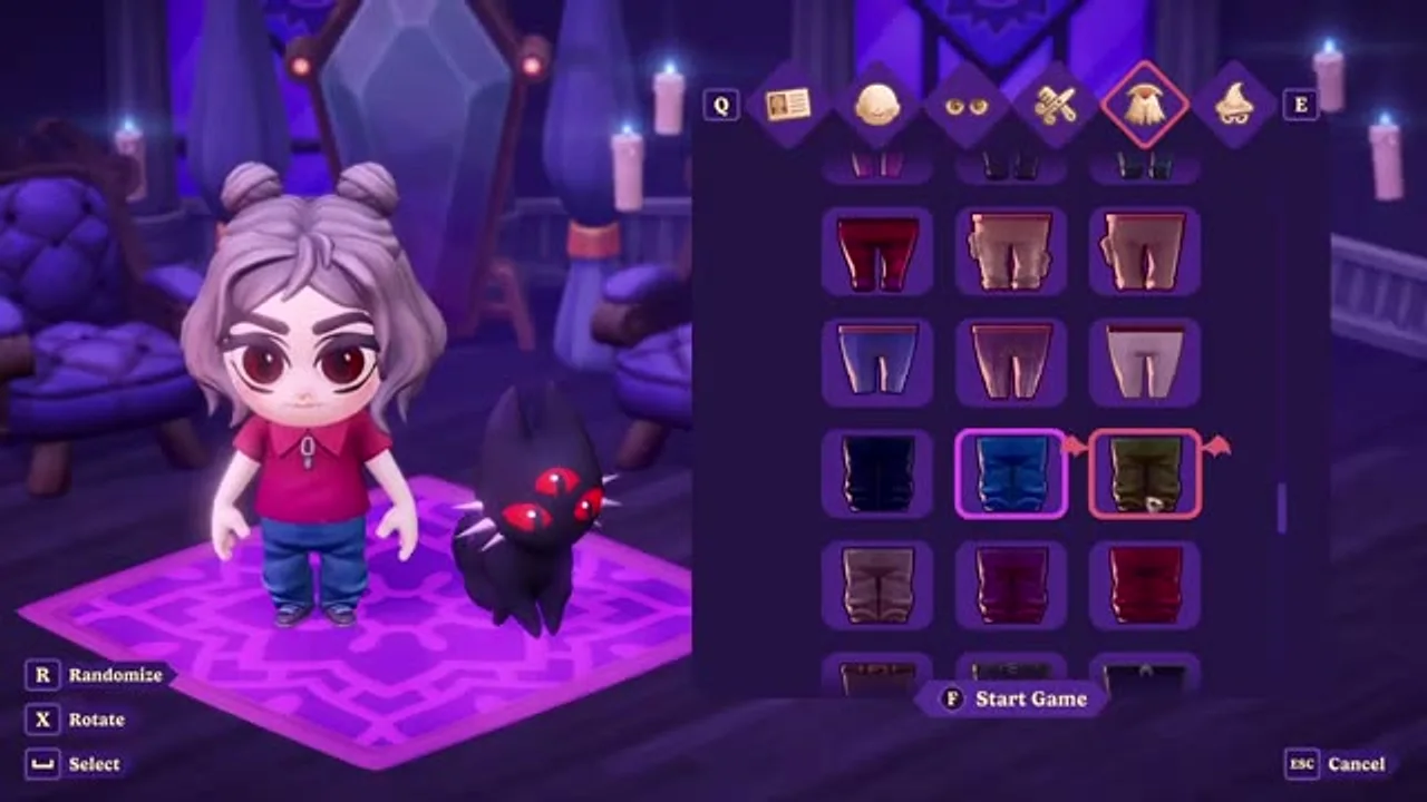 The outfit customisation screen showing a grid of bottoms in different colours.