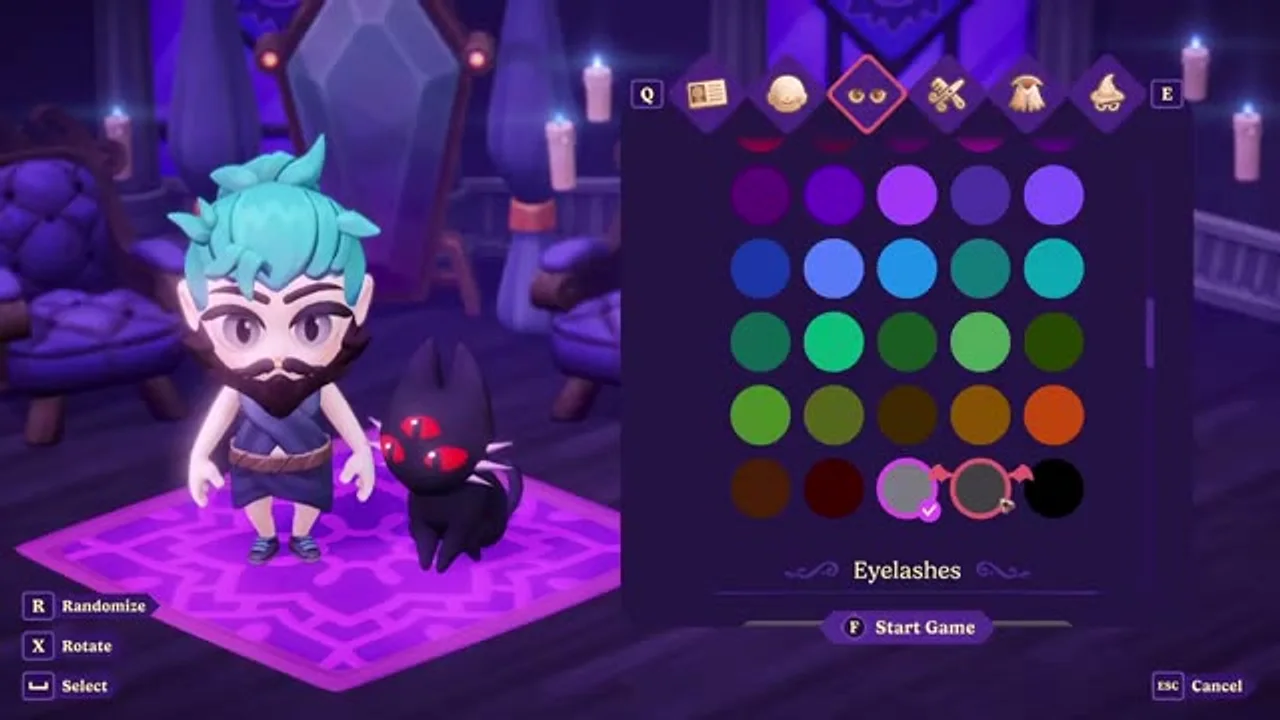 The Moonlight Peaks character creator: a chibi vampire and Hellkitten beside a colour palette for customisation.