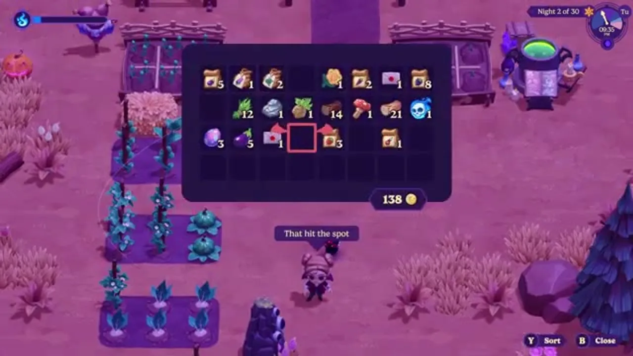 The inventory interface shows the limited carried backpack that can be expanded through Sabrina's shop.