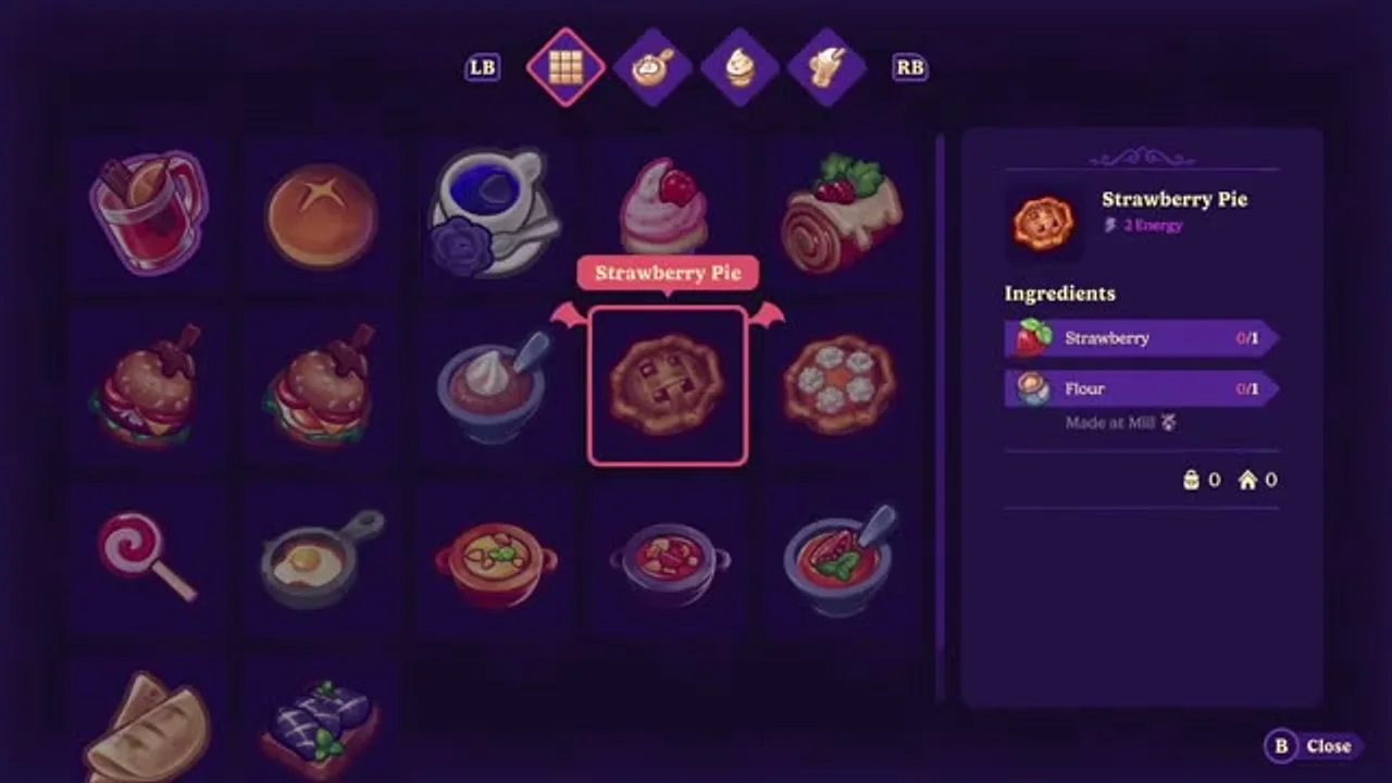 The recipe menu in Moonlight Peaks showing a grid of dishes, with Strawberry Pie selected and its ingredients listed.