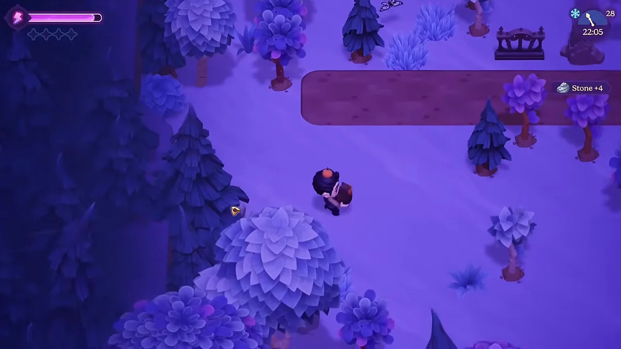 A butterfly drifts through the snowy Moonlit Pines at night — many critters appear only in a single season and location.