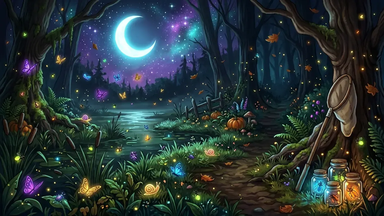 Glowing butterflies, fireflies and beetles drifting through a moonlit forest in Moonlight Peaks, with a bug net and jars nearby.