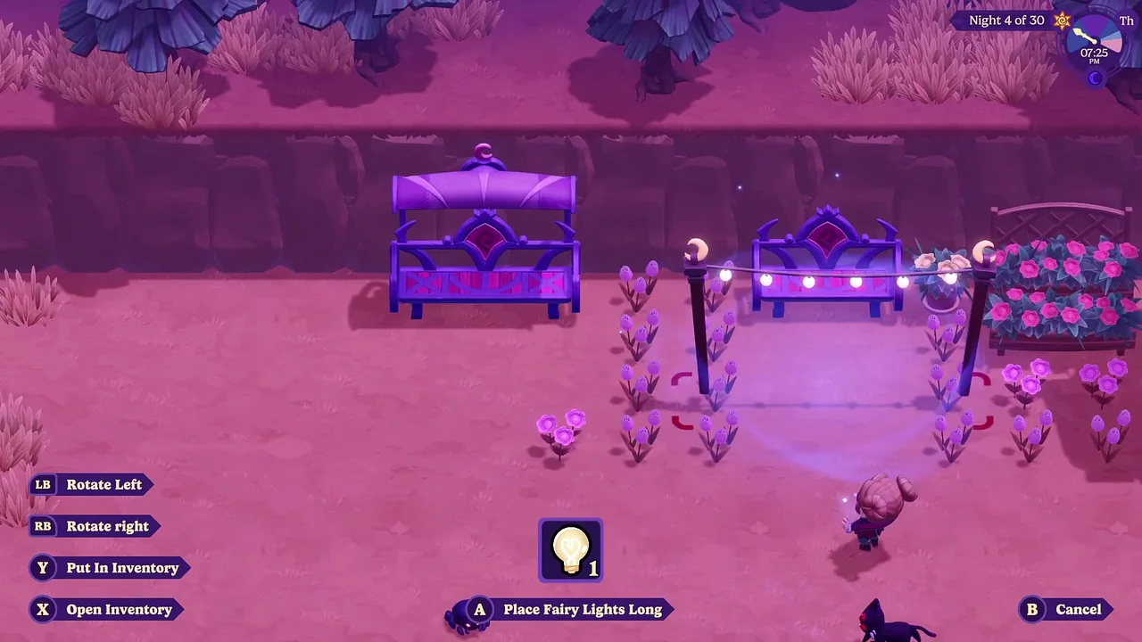 Placing fairy lights on the farm, with rotate and inventory controls shown.