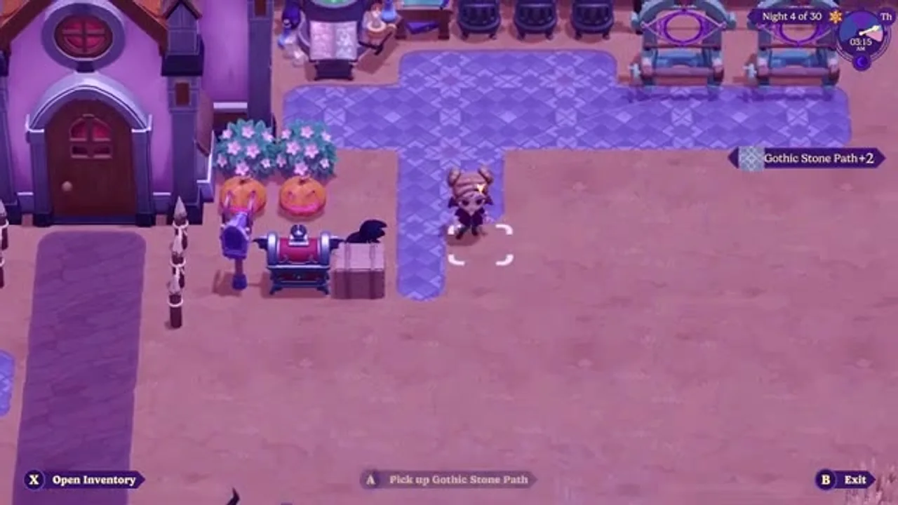 Placing a 'Gothic Stone Path' on the homestead grounds in Moonlight Peaks.